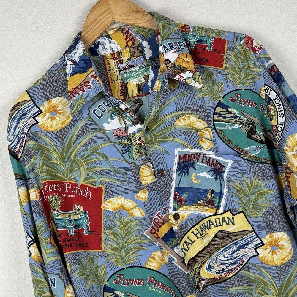 Vintage Reyn Spooner Shirt Mens Large Blue Hawaiian Honolulu Short Sleeve Camp